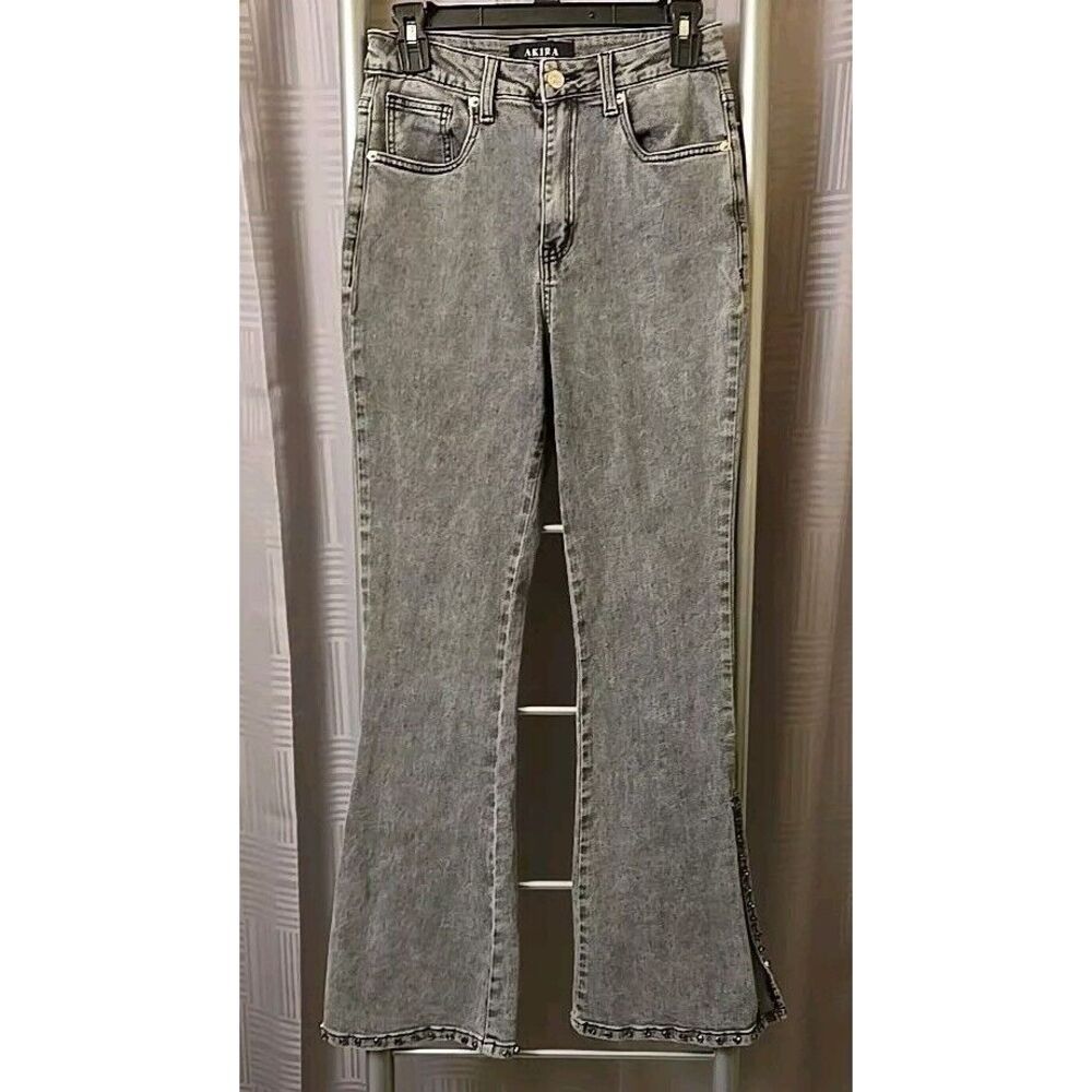 Akira Womens Jeans sz 11 Jr 29x30 Gray Skinny Split Embellished Hem